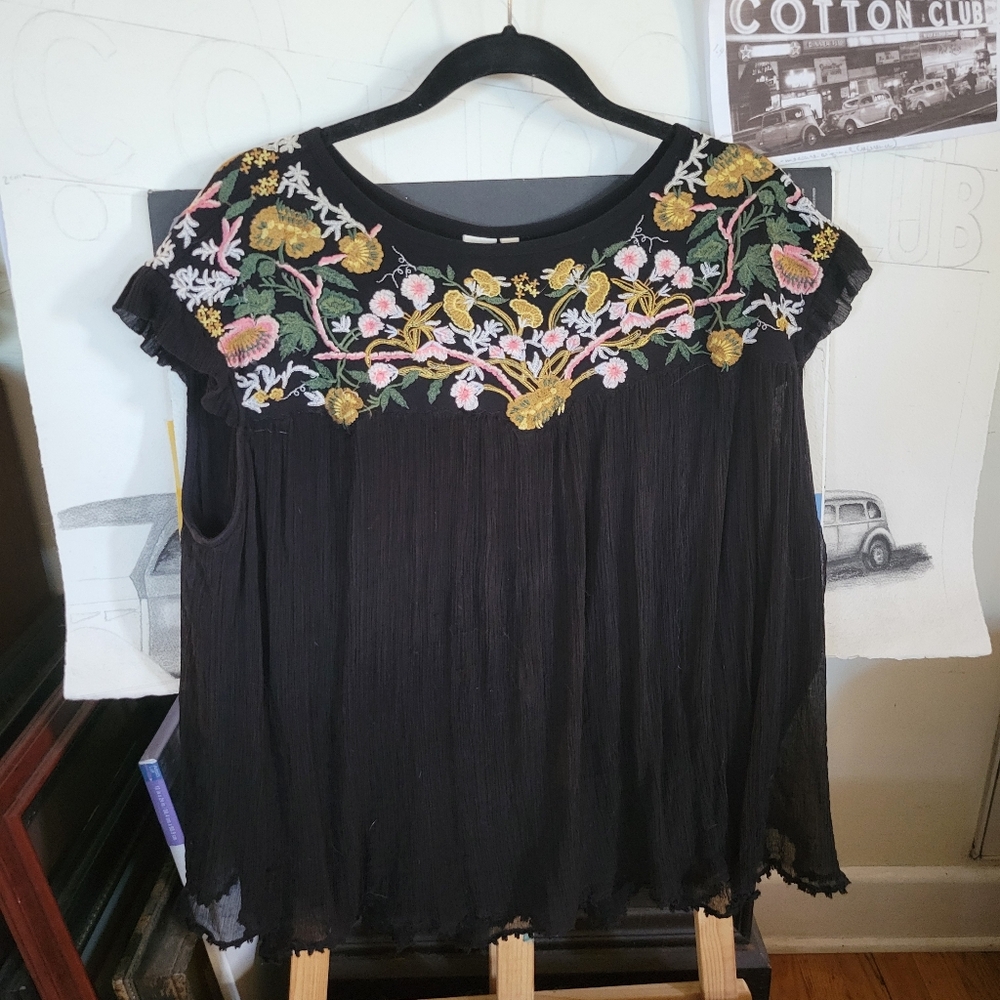 Embroidered Black Top From Anthropologie